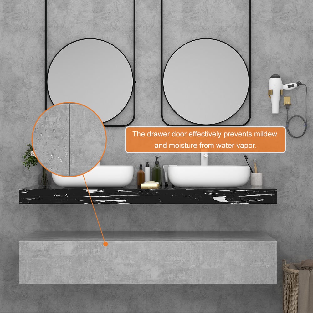 Bathroom vanity with two sinks, mirrors, and a hair dryer on a gray wall.