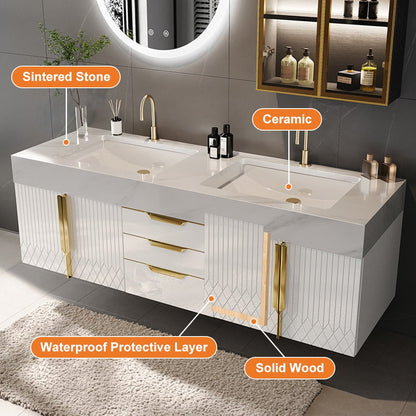 Bathroom vanity with labeled components on a gray tiled wall background