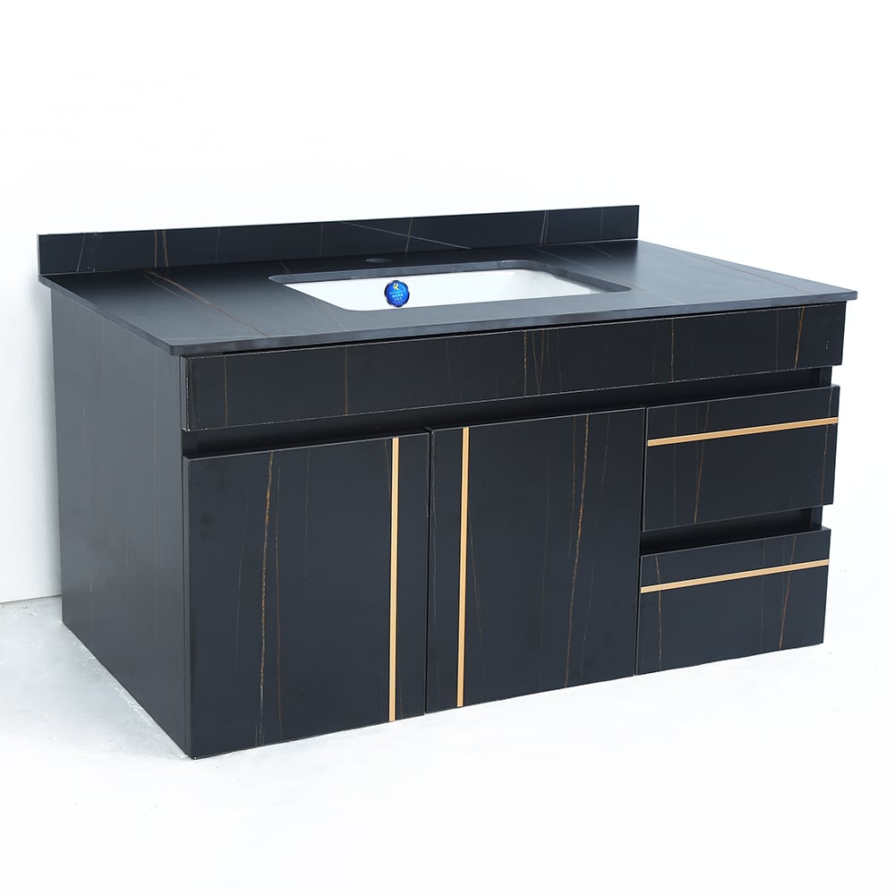 Black bathroom vanity with sink on a white background