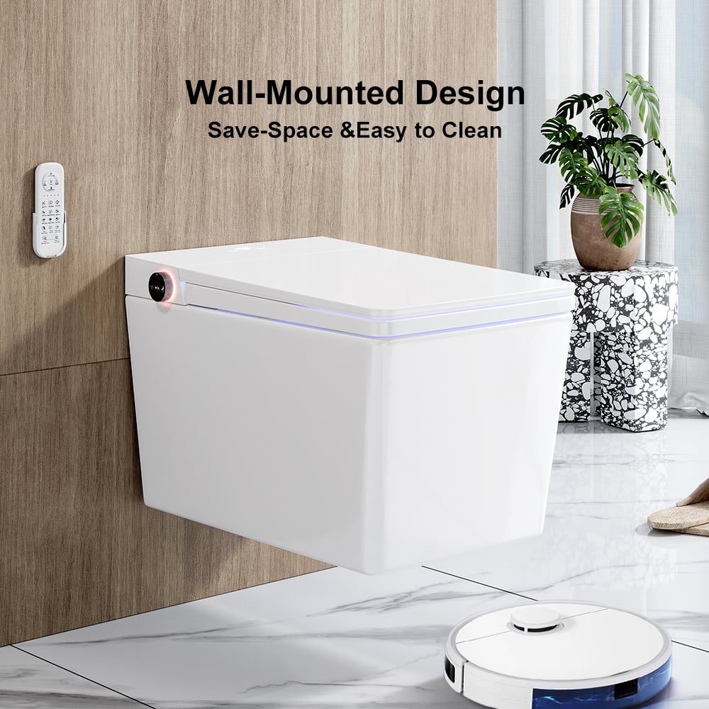Wall-mounted cleaning device with text 'Wall-Mounted Design, Save-Space & Easy to Clean' in a room setting.