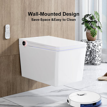 Wall-mounted cleaning device with text 'Wall-Mounted Design, Save-Space & Easy to Clean' in a room setting.