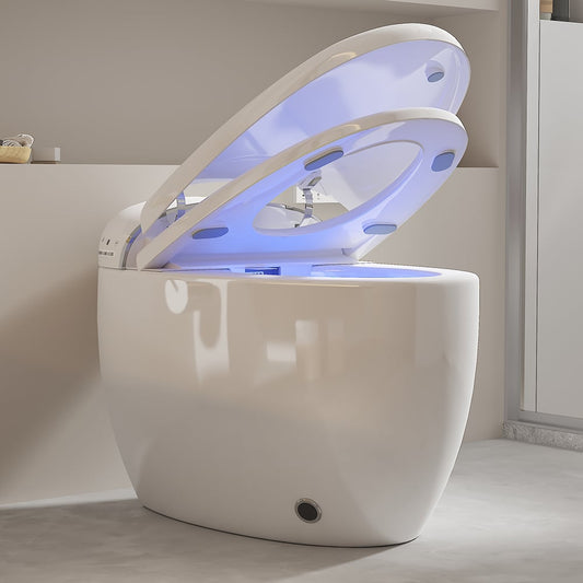 Modern white bathtub with blue LED lighting in a bathroom setting