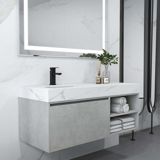 47" Gray and White Floating Bathroom Vanity with Top and Single Sink Storage Door