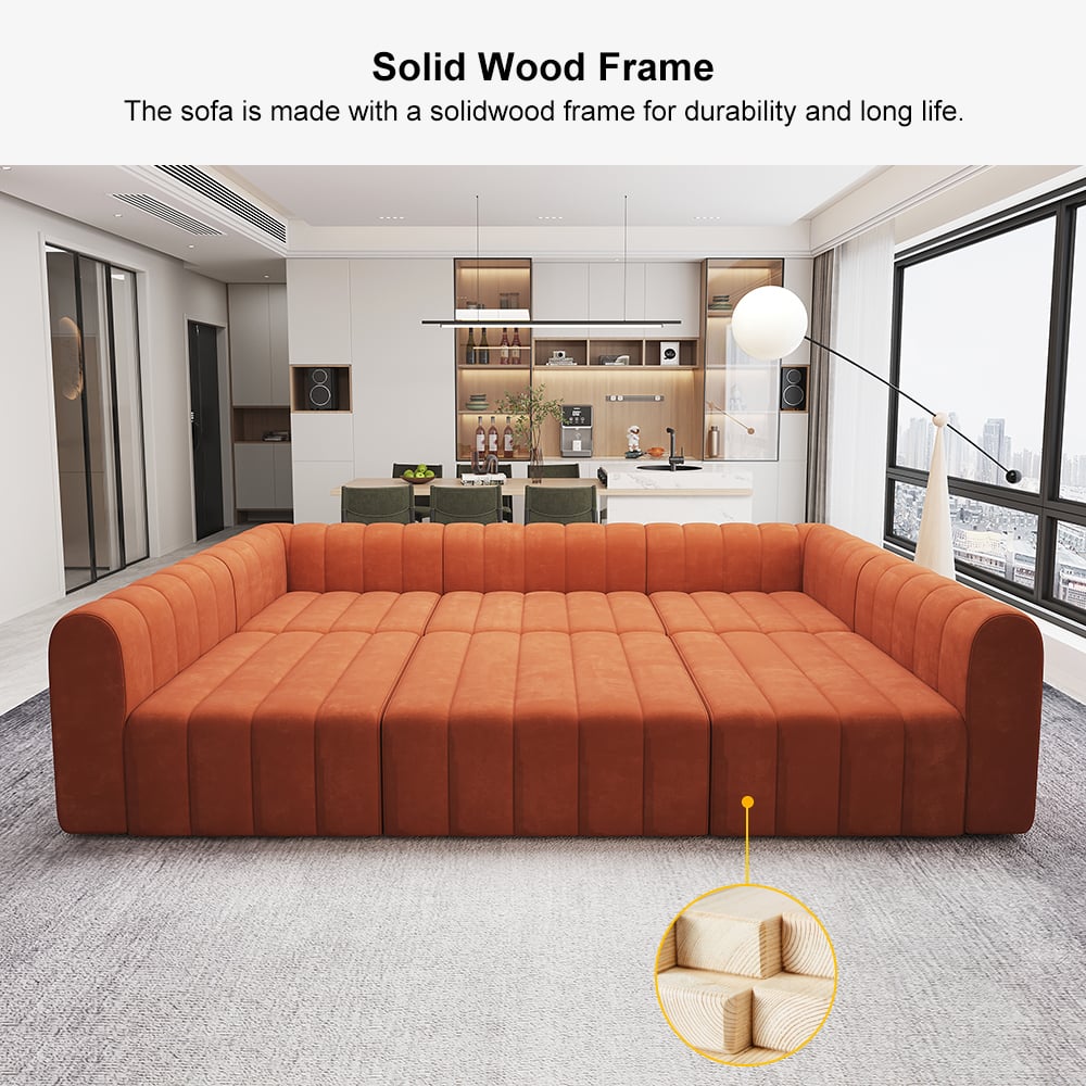 Orange sofa with a solid wood frame in a modern living room setting.