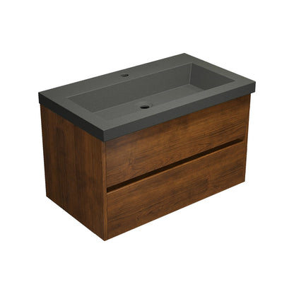 Bathroom vanity with wooden cabinet and gray countertop on a white background