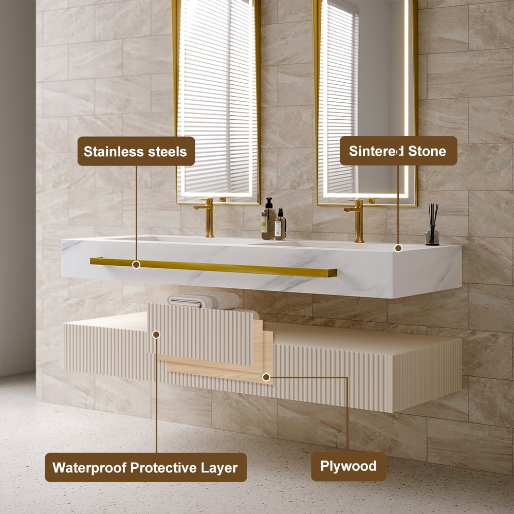 Bathroom vanity setup with labeled materials on a tiled wall background