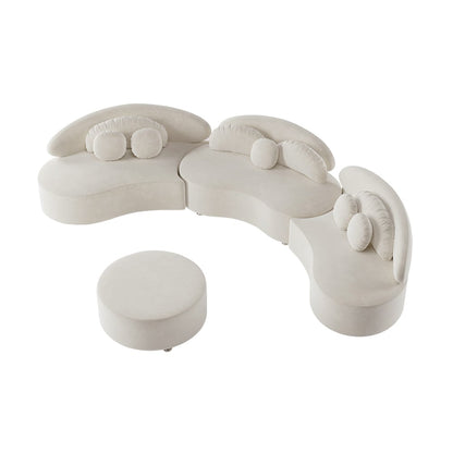 White curved sofa with ottoman on a white background