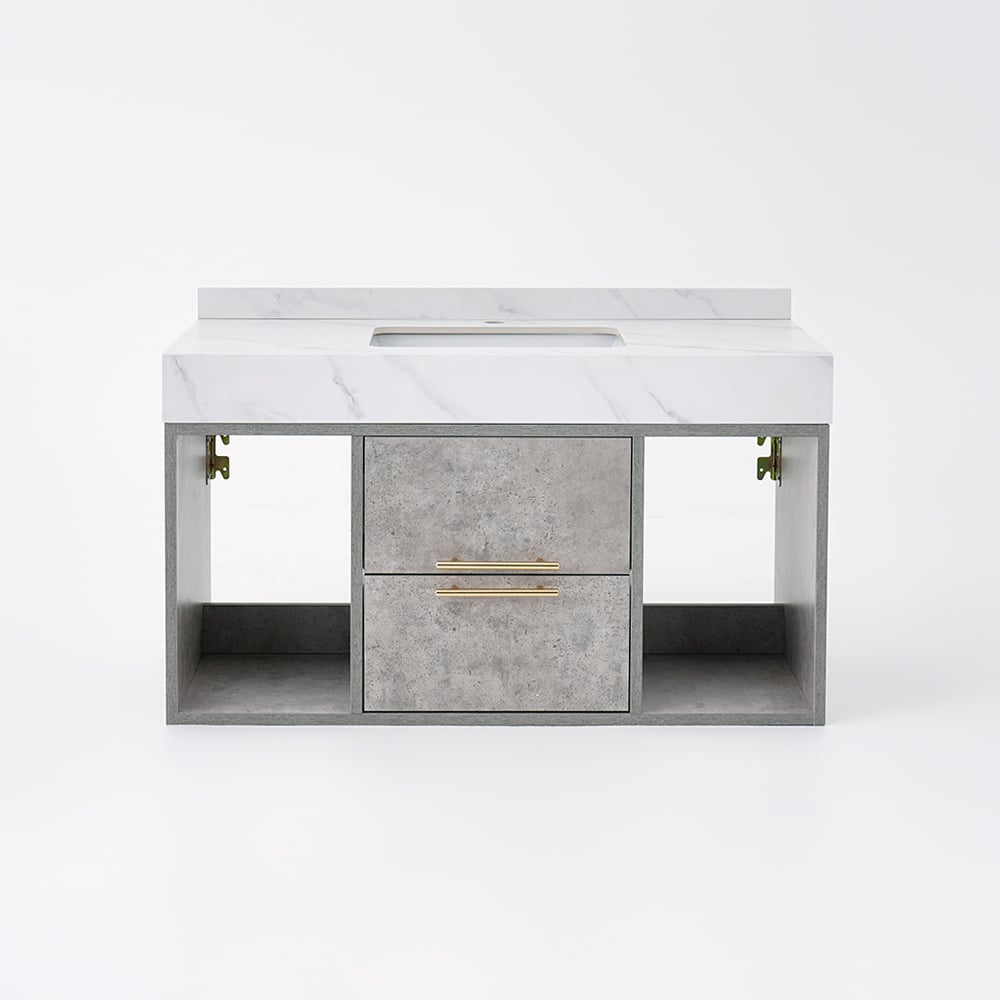 Bathroom vanity with marble countertop and concrete-like base on a white background