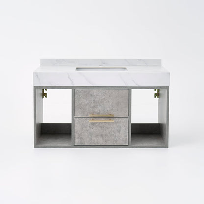 Bathroom vanity with marble countertop and concrete-like base on a white background