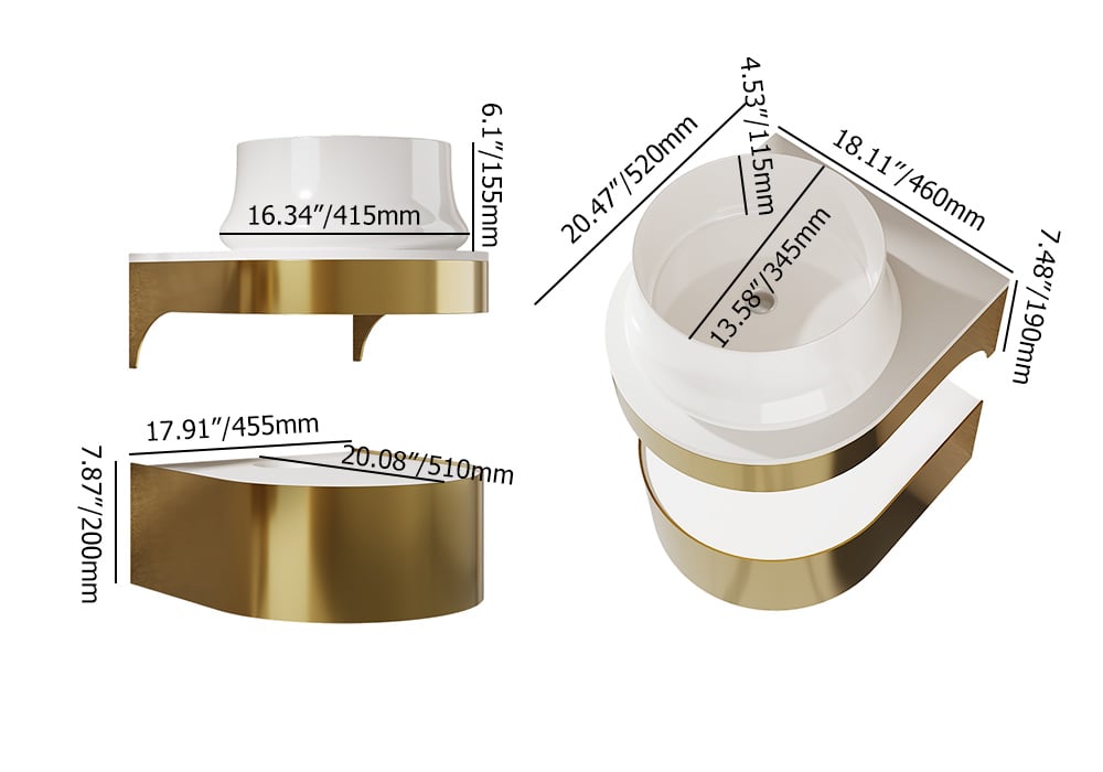 Gold and white decorative items with measurements on a white background