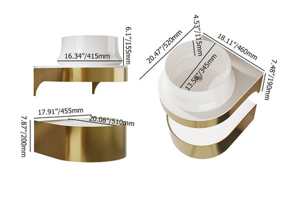 Gold and white decorative items with measurements on a white background