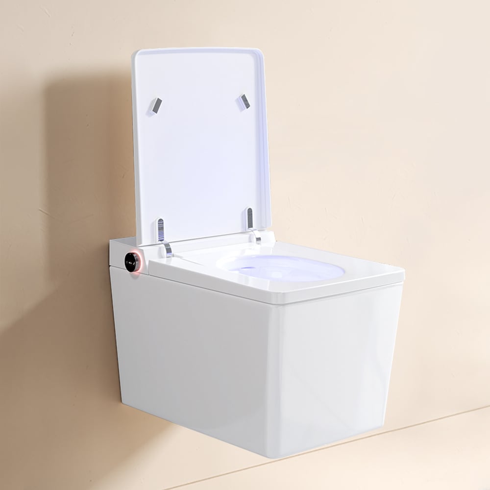 White toilet with open lid on a beige background