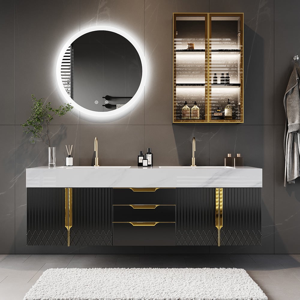Bathroom vanity with round illuminated mirror, shelves, and decorative elements.