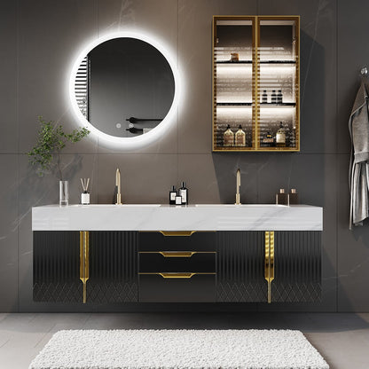 Bathroom vanity with round illuminated mirror, shelves, and decorative elements.