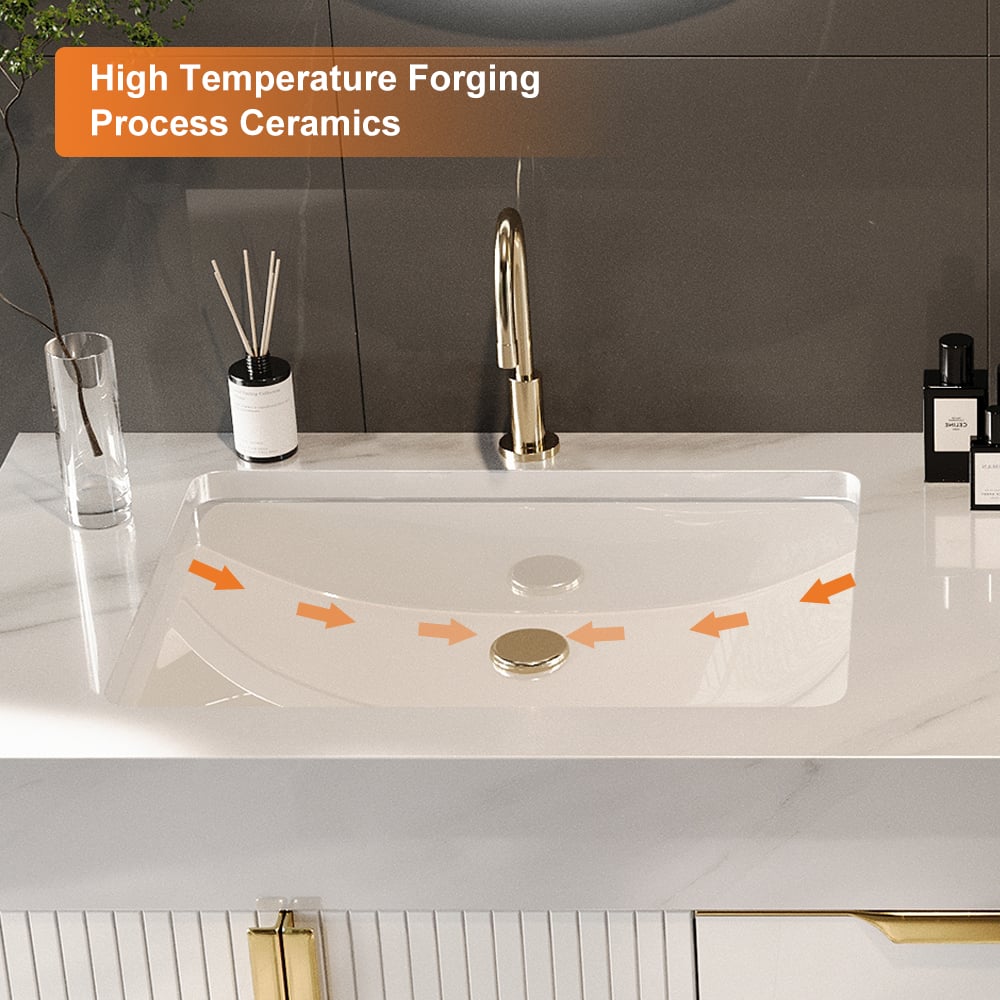 Bathroom sink with high temperature forging process ceramics text overlay