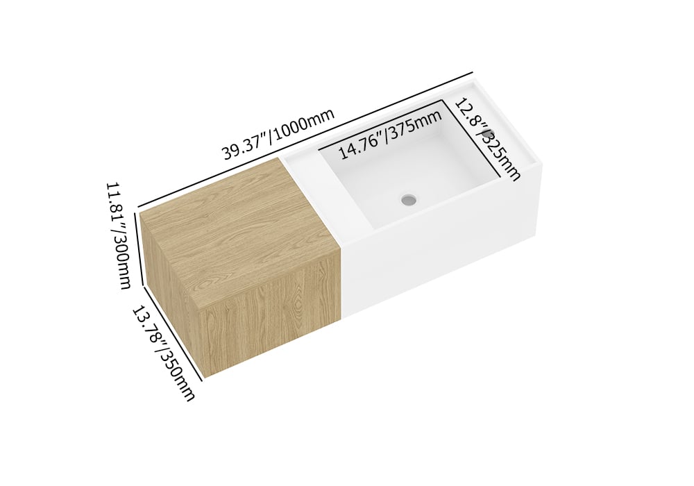 Measurement chart showing dimensions of a wooden block and a white rectangular object on a white background.