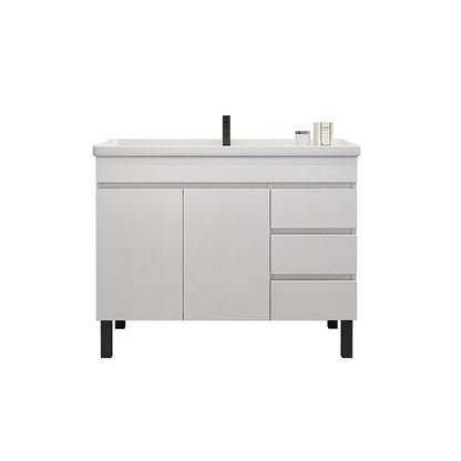 Gray bathroom vanity with sink on a white background