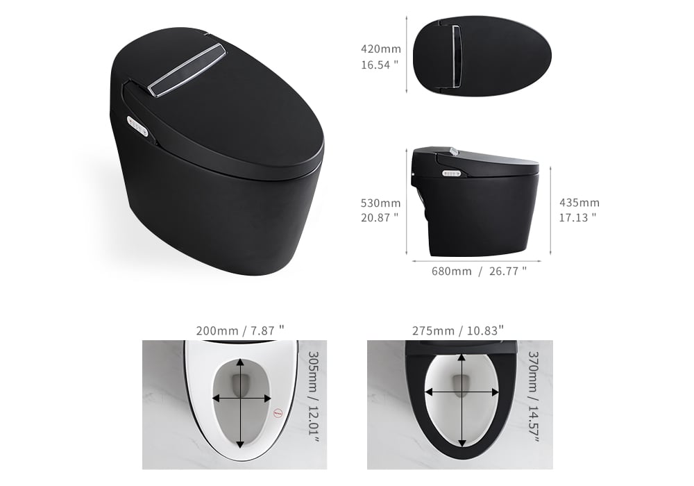 Black toilet seat with dimensions and design details on a white background
