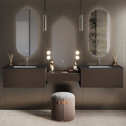 Bathroom setup with three mirrors, two sinks, and a stool against a textured wall.