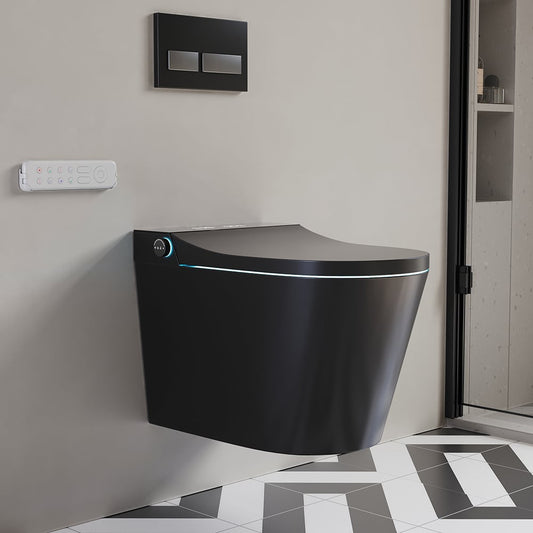 Modern black wall-mounted toilet in a bathroom setting with a tiled floor.