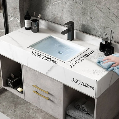 Bathroom vanity with sink dimensions labeled, featuring a modern design with a mirror and toiletries.
