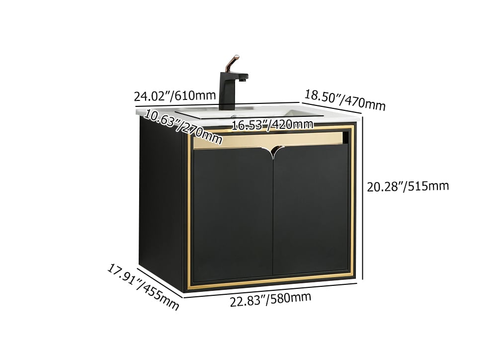 Measurement chart of a black and gold cabinet with dimensions labeled.