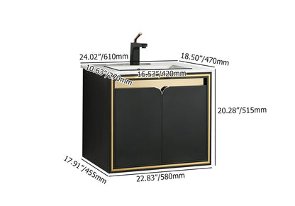 Measurement chart of a black and gold cabinet with dimensions labeled.