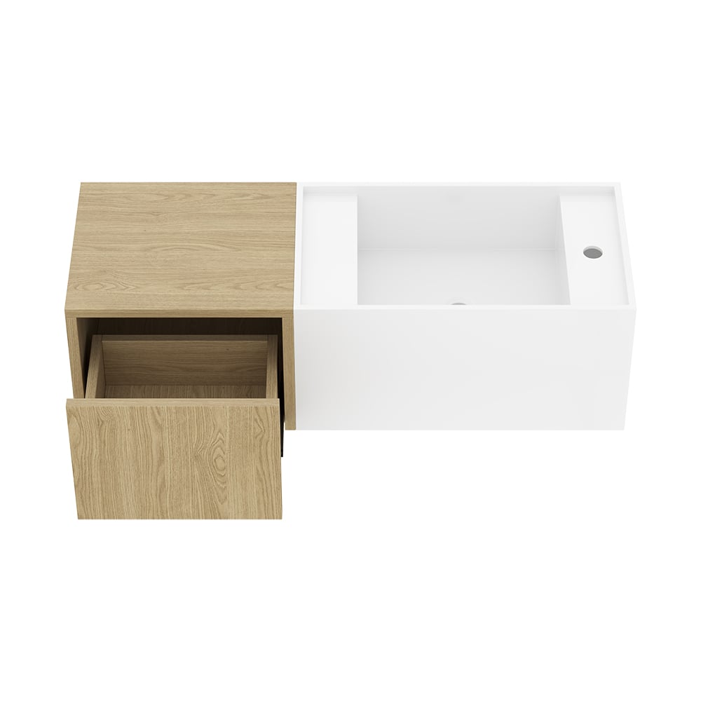 Bathroom vanity with wooden cabinet and white sink on a white background
