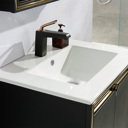 Bathroom sink with black faucet and soap dispenser on a white countertop.