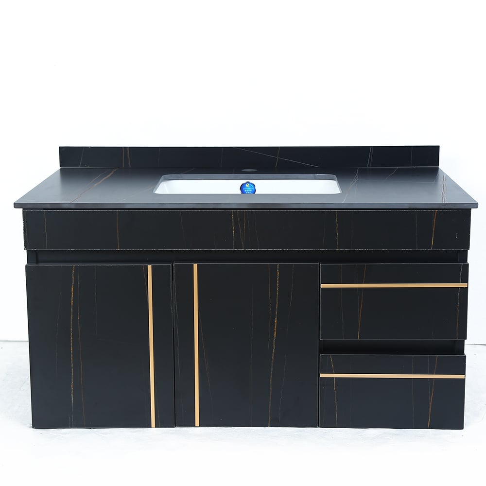 Black bathroom vanity with sink on a white background