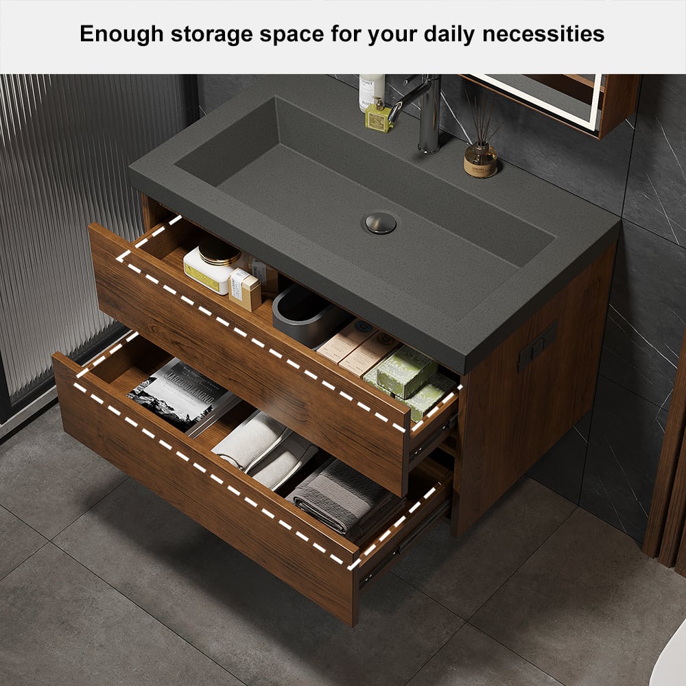 Bathroom vanity with open drawers showing storage capacity