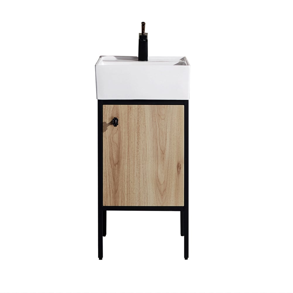 Bathroom vanity with wooden cabinet and white sink on a white background