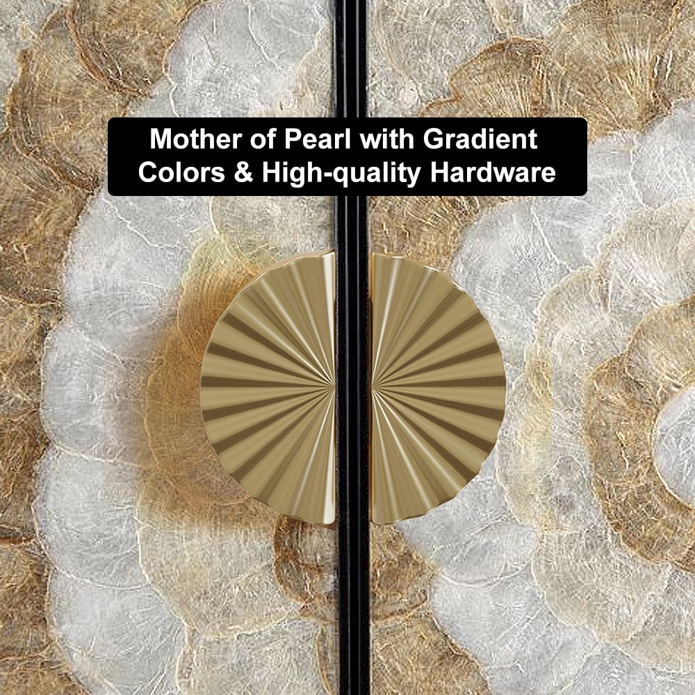 Decorative door handle with mother of pearl finish and gradient colors on a textured background.