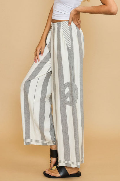 Peace Sign Patch Striped Wide Leg Pants