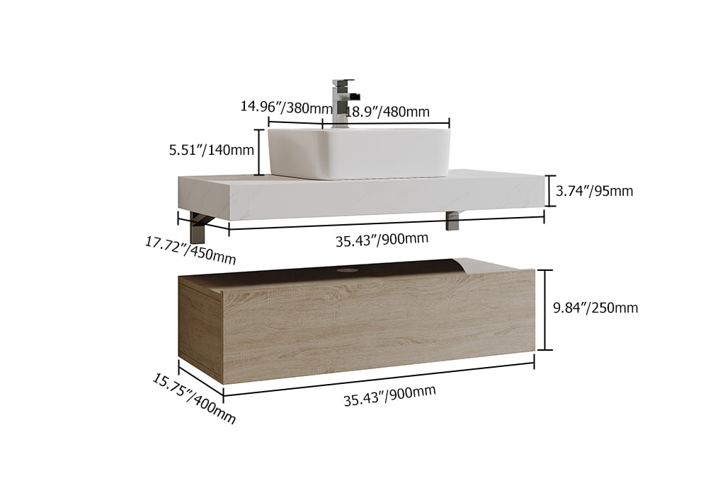Bathroom Vanity Set 35.4" Modern Floating Bathroom Vanity White and Natural with Sink