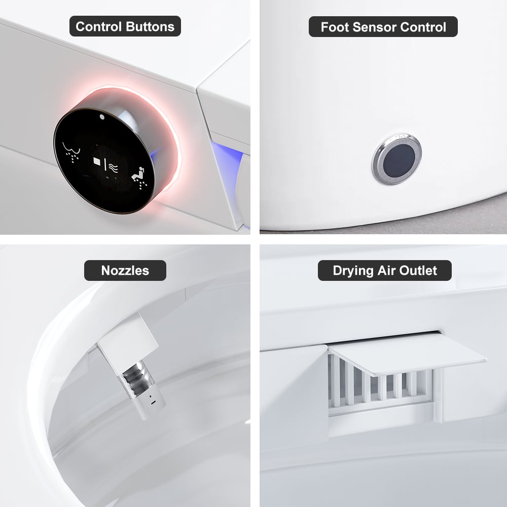 Detailed view of a dryer with labeled control buttons, foot sensor control, nozzles, and drying air outlet.