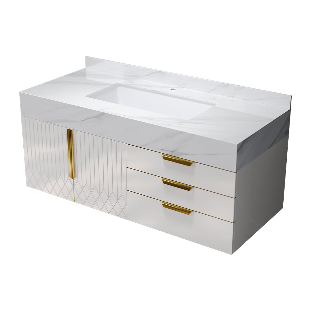 Bathroom vanity with white countertop and gold handles on a white background