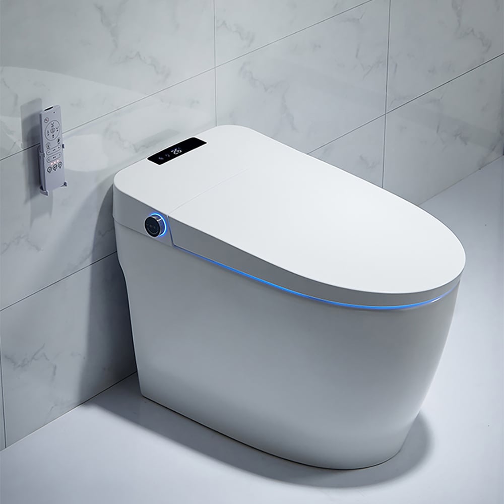 Modern toilet with digital display and blue light on a tiled bathroom wall.