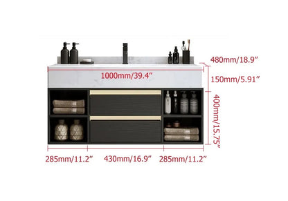 Bathroom vanity with dimensions labeled on a white background