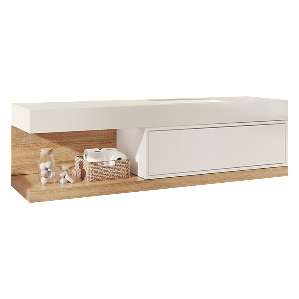 Bathroom Vanity Set 59" Modern Floating Bathroom Vanity White and Natural with Sink