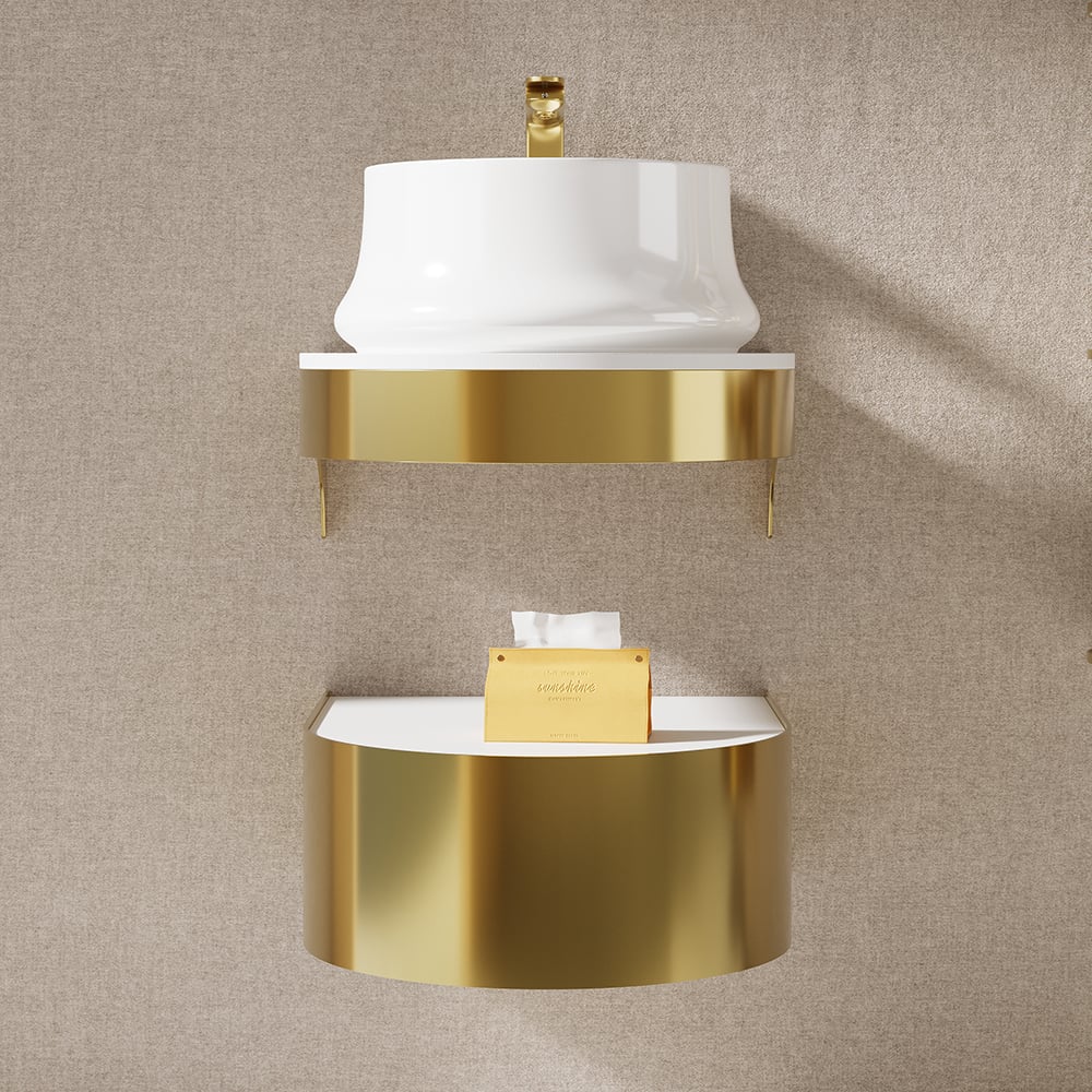 Wall-mounted bathroom shelf with gold accents and white basin against a beige wall.