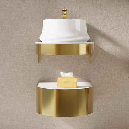 Wall-mounted bathroom shelf with gold accents and white basin against a beige wall.