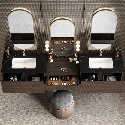 Bathroom vanity with three mirrors, sinks, and various toiletries on a textured wall background.