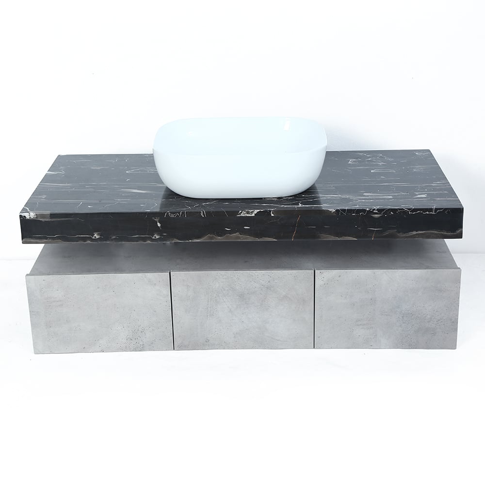 Marble countertop with a white bowl on a white background