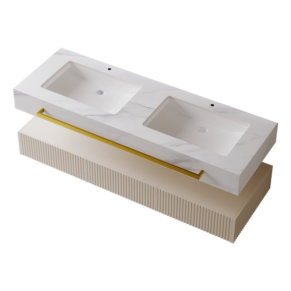 Bathroom vanity with two white sinks and gold handles on a white background