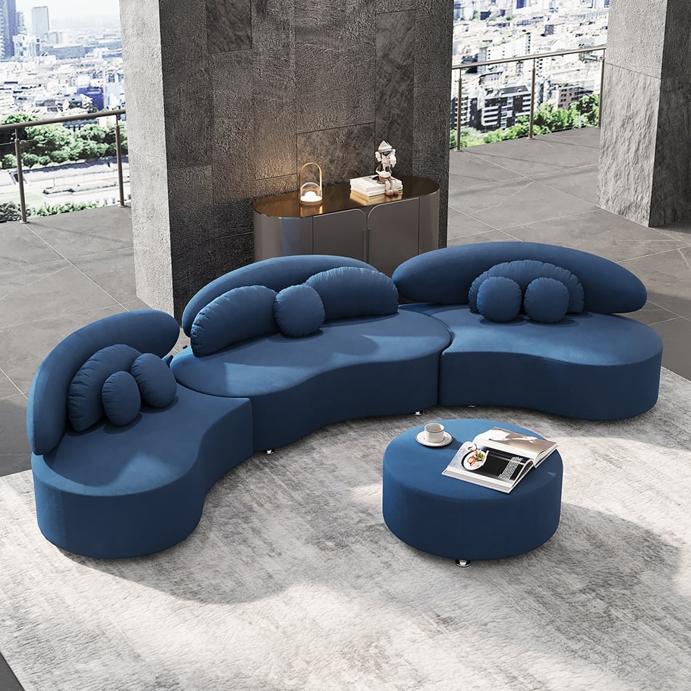 Modern blue sofa set in a stylish room with cityscape view
