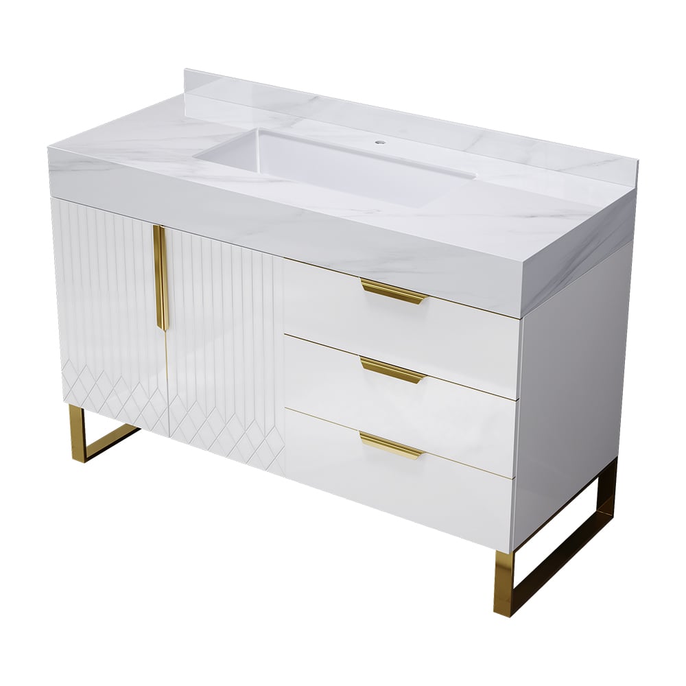 White bathroom vanity with gold accents on a white background