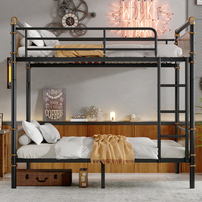 IronLoft™ – Twin XL Over Twin XL Metal Bunk Bed with Rustic Wood