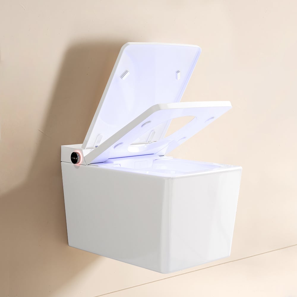 White wall-mounted storage box with open lid on a beige background