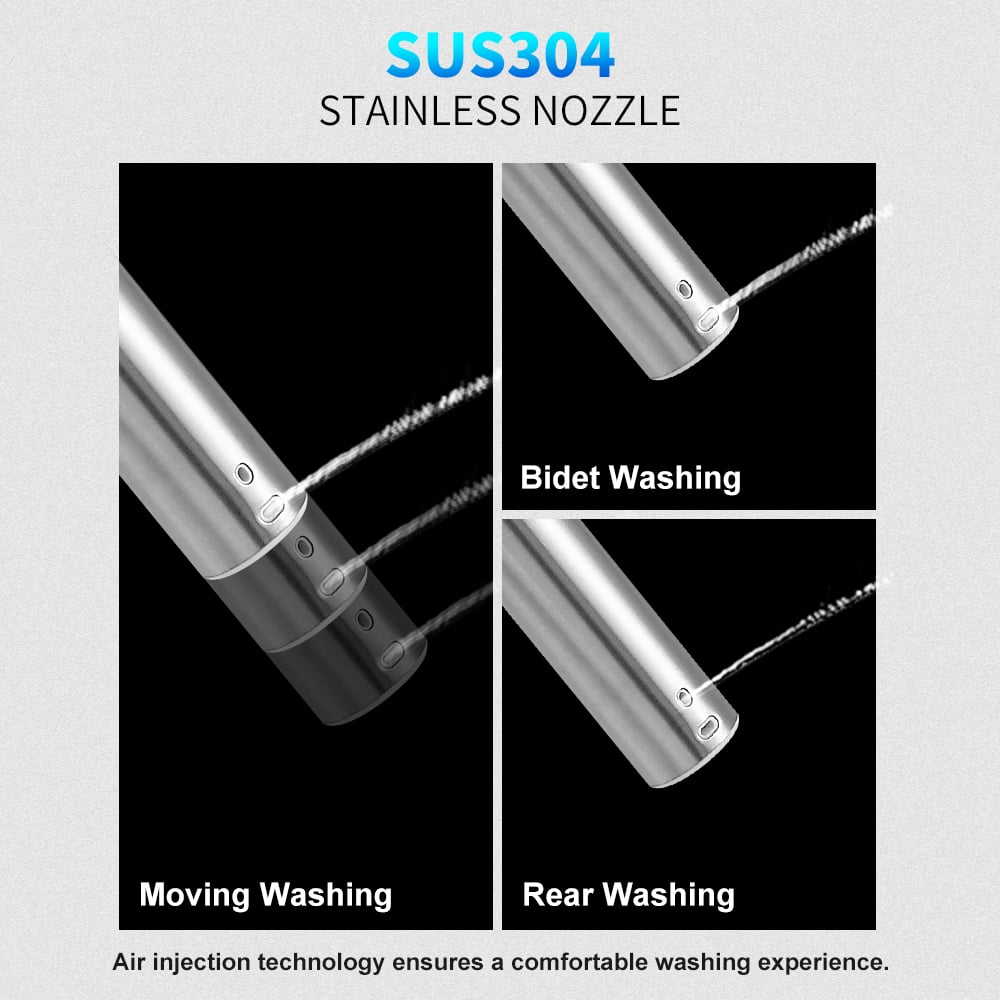 Stainless steel nozzle with different washing applications on a gray background